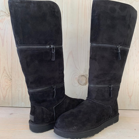 SALE! UGG CLASSIC ULTRA TALL BLACK ZIPPER SHEARLING TALL BOOTS WOMENS US 6 NEW - Picture 1 of 7